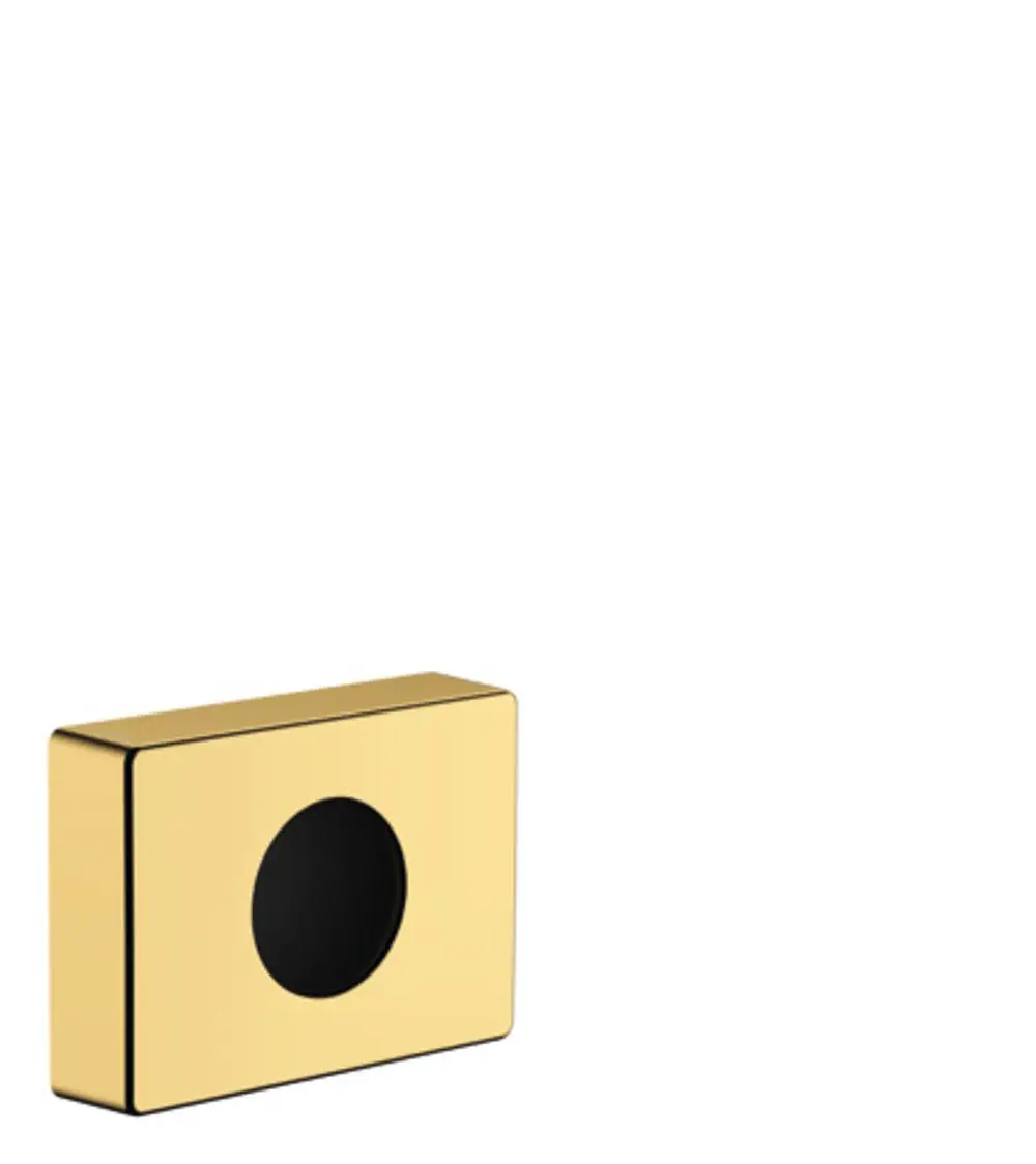 Hygienebeutelspender in Polished Gold Optic von Hansgrohe, rechteckige Form mit kreisförmigem Ausschnitt auf der Vorderseite, vor neutralem Hintergrund.